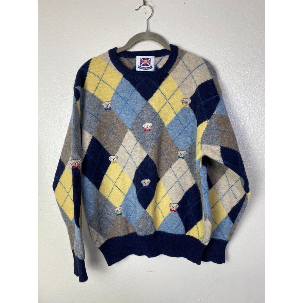 Vintage Trad House Club Argyle Wool Sweater Bear Embroidered Size Medium Preppy